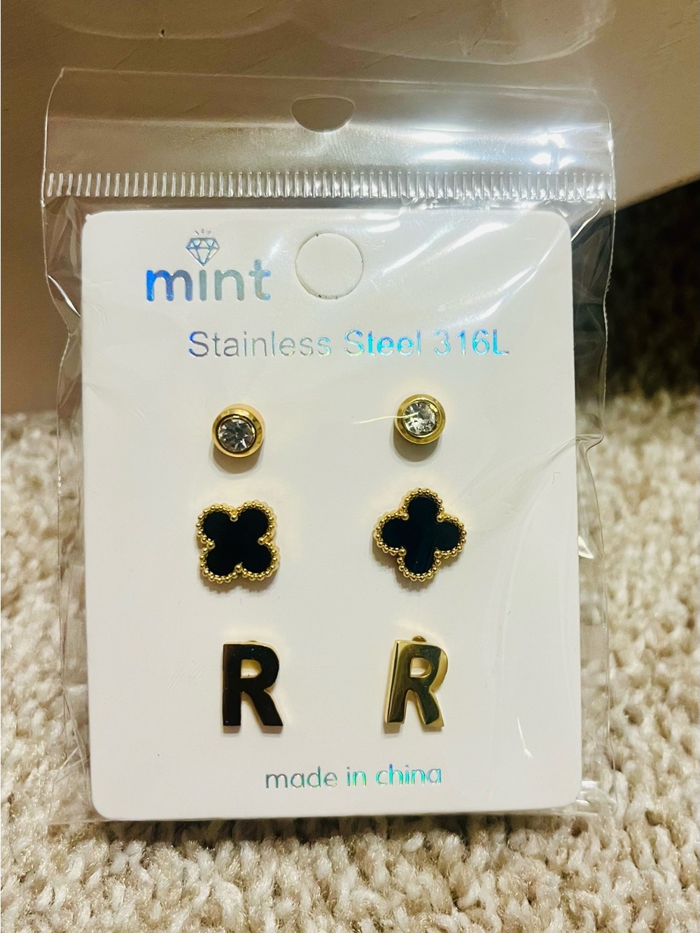 mint Gold and Black Stud Earring Set - 3 Pairs
